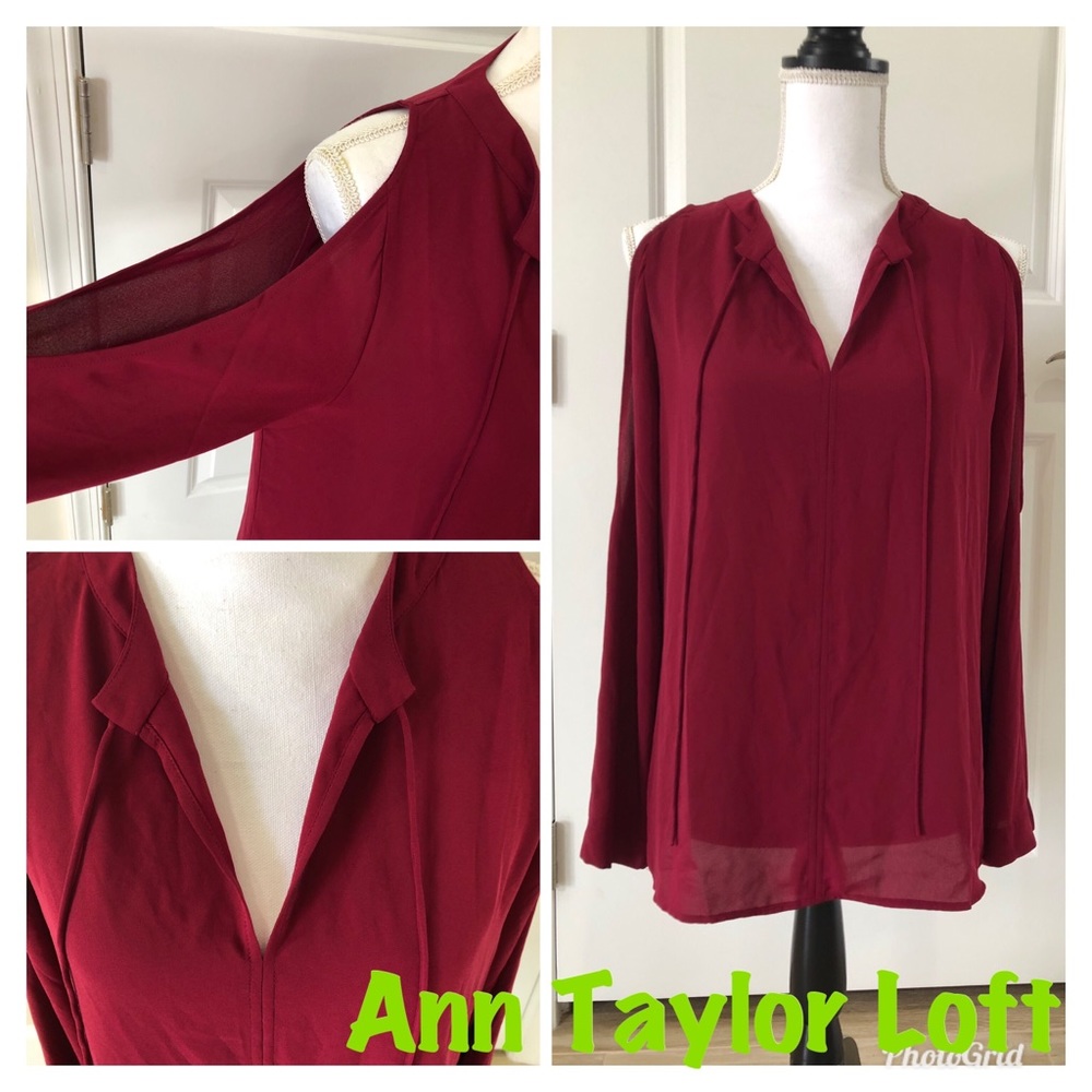 🆕 Ann Taylor Loft Tie Neck Cold Shoulder Maroon